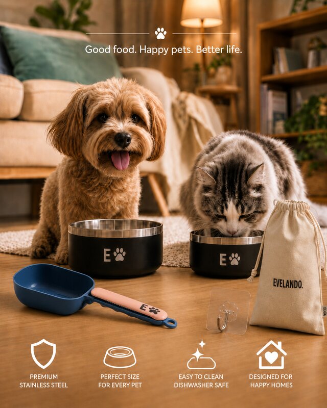 EVELANDO Premium Pet Products - Bowls and Scoop in use